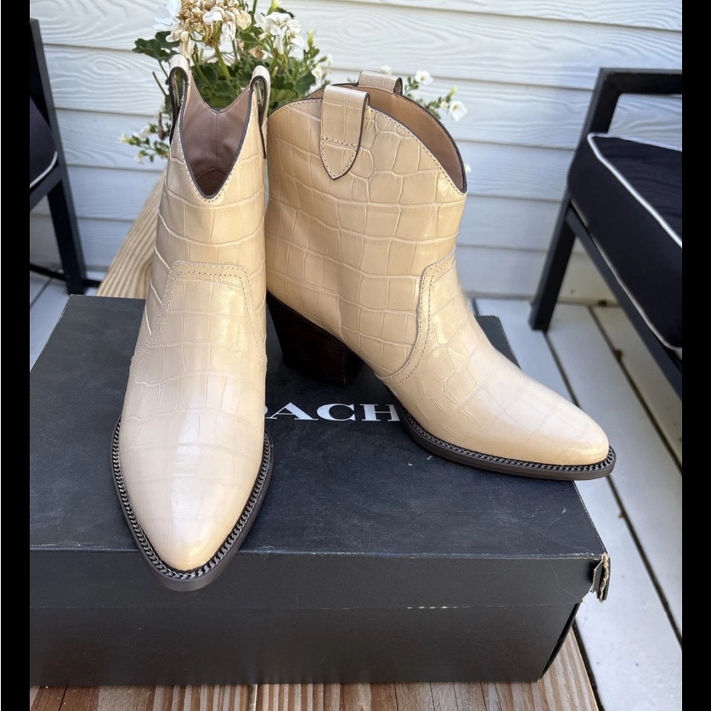 Coach Beige Croc-Embossed Ankle Booties